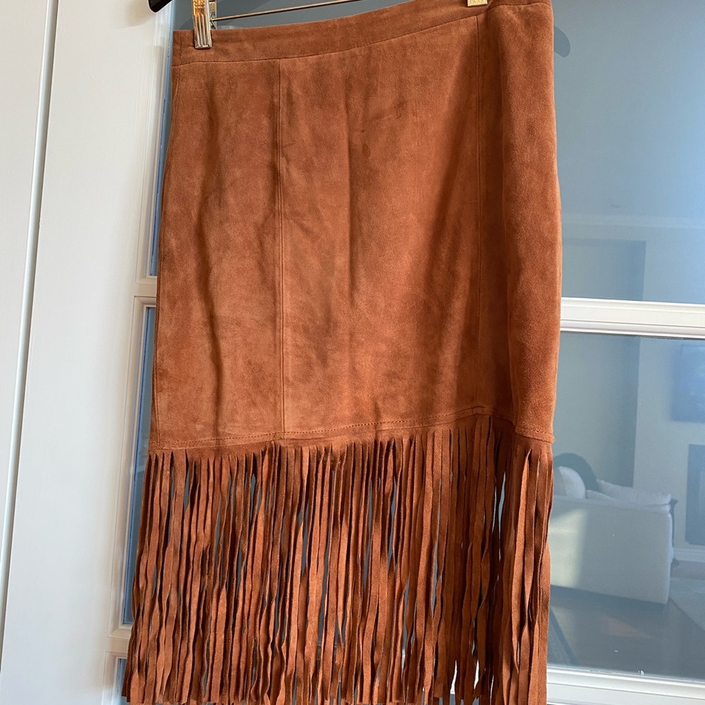 Suede fringed midi skirt